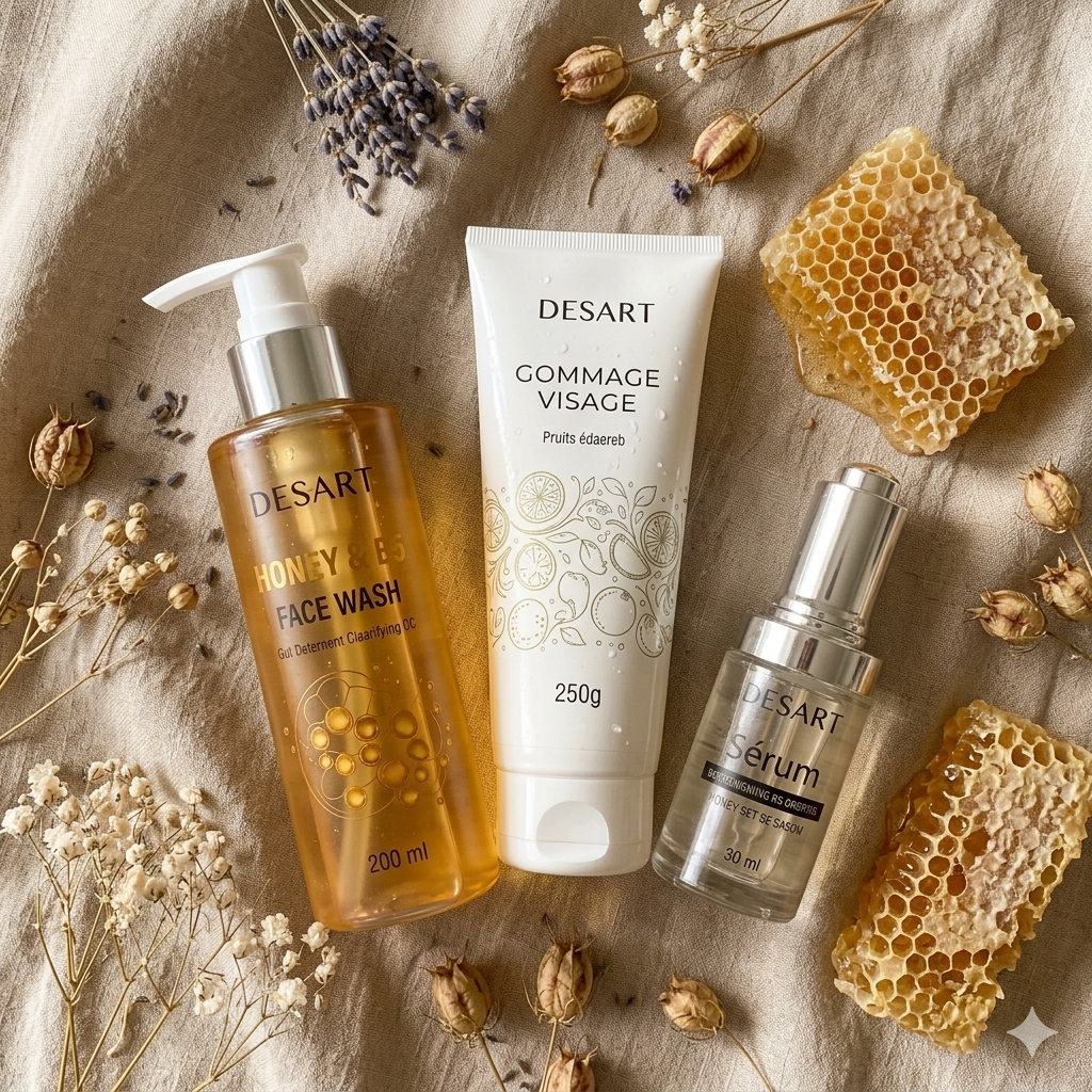 Routine beauté Desart — flat lay produits et miel