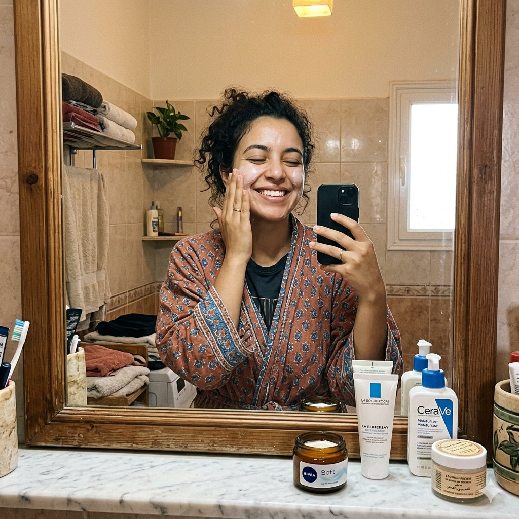 Selfie miroir — application crème Desart